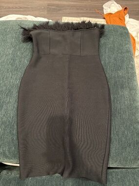 Black strapless dress with black feathered neckline